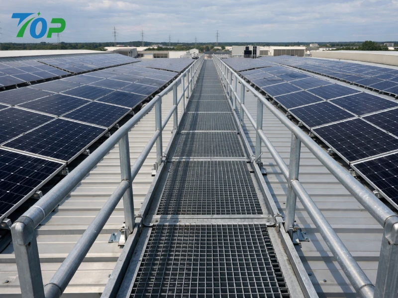 Commercial rooftop solar system with integrated solar walkway for safe maintenance access