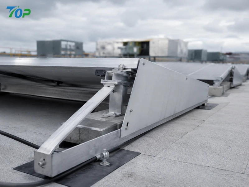 Low-angle engineering view of rooftop solar ballast structure with rear wind deflector and concrete ballast trays