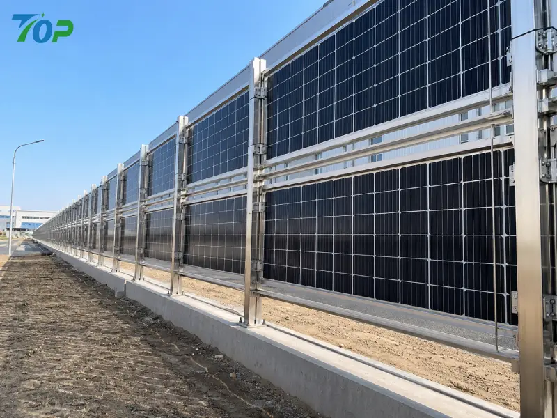 Industrial solar fence system with stainless steel mounting rails and posts designed for wind load resistance.